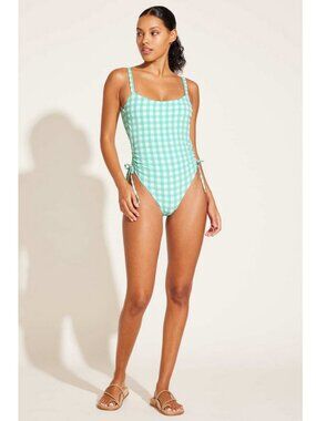 Vitamin A Gemma Cinched Side Tie One-Piece Swimsuit in Seafoam Gingham Sz XXL